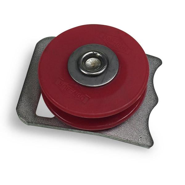 Don Bur Curtain Roller featuring a red and silver pulley with a circular metal component, ideal for commercial trailer curtain systems.