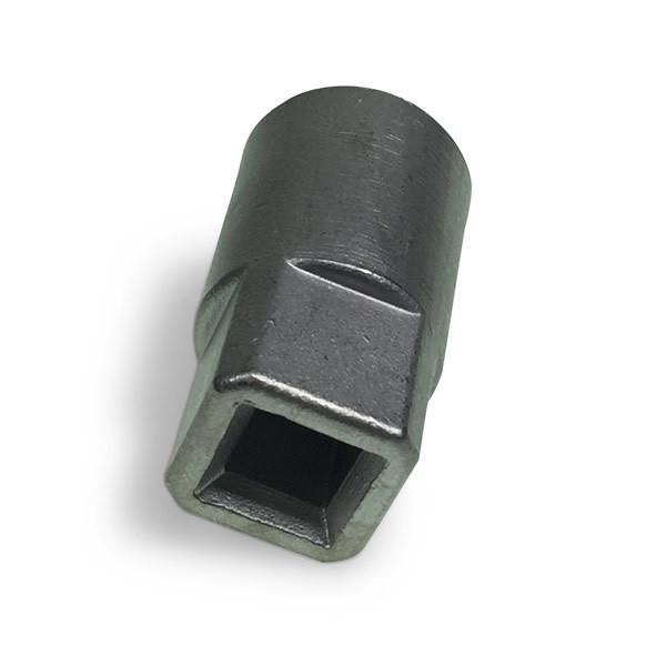 Aluminium Bottom Square Drive Adaptor for 27mm Curtain Poles, featuring a close-up of its black metal construction and square socket design.