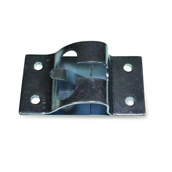 Surface Mounted Catch Plate, a metal piece with mounting holes, 76 x 45mm, designed for secure fitting on commercial trailers and vehicles.