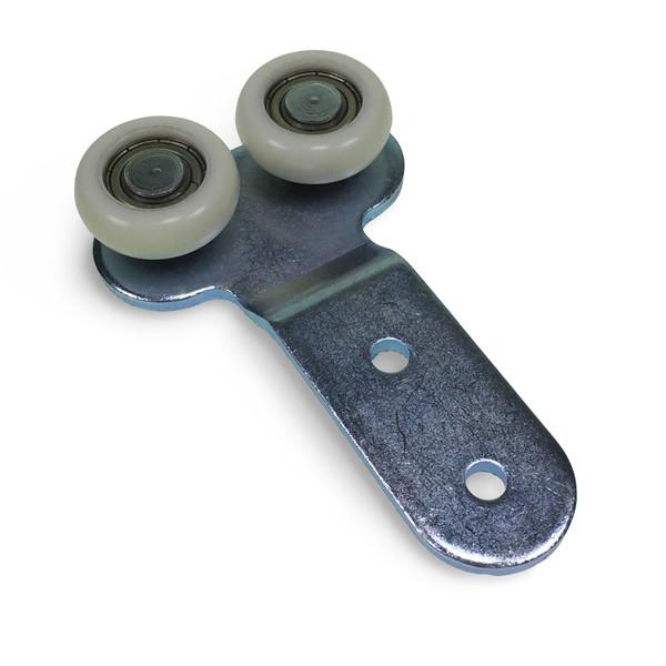 Montracon Type Roller: Metal and plastic roller designed for curtain systems, featuring a white wheel with a metal center, ideal for commercial trailers.