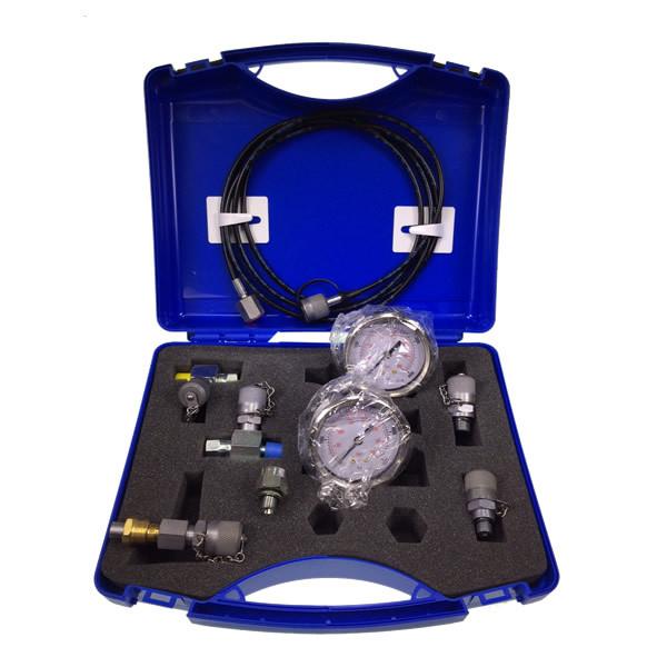 Tail Lift Pressure Test Kit - Mk2 with gauges, hoses, and adaptors in a blue carrying case, designed for various tail lifts.