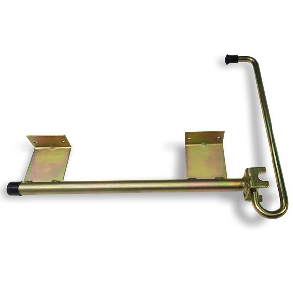 Universal Door Retainer for HGV trailers, featuring a metal bar with black rubber handle, metal plate with holes, and a metal bracket with screws.