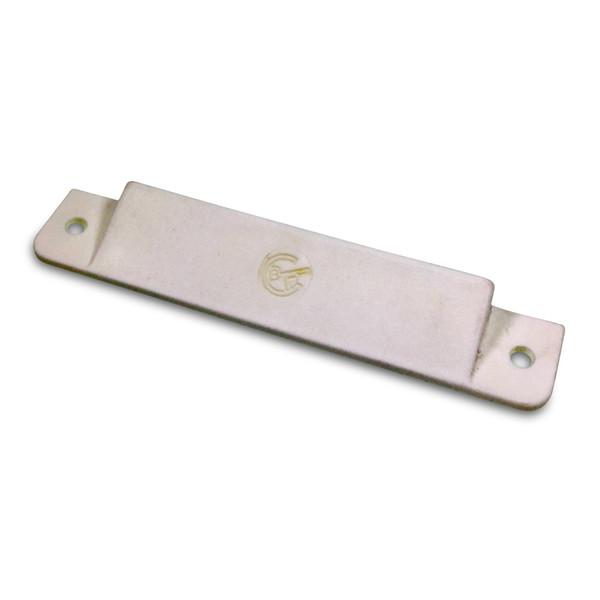 Plastic End Cap for E-Track featuring a white rectangular design with a logo, compatible with Universal 'E' Track for load restraint systems.