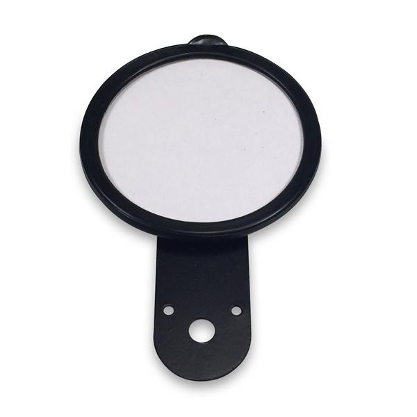 Licence Disc Holder - Single, a round black and white mirror-like object made of black epoxy-coated steel, designed for commercial trailer use. Diameter: 77mm.