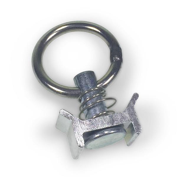 Single Stud Fitting with metal key ring and spring, designed for captive floor tracks with 20mm holes, visible close-up of hardware components.