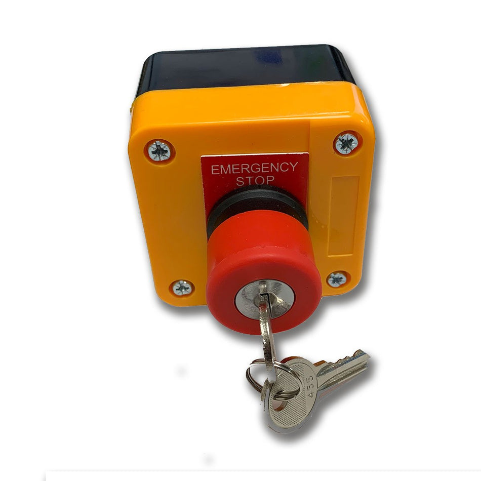 Single Emergency Stop Control with Key Release, featuring a prominent yellow and black button. Includes two keys for secure operation.