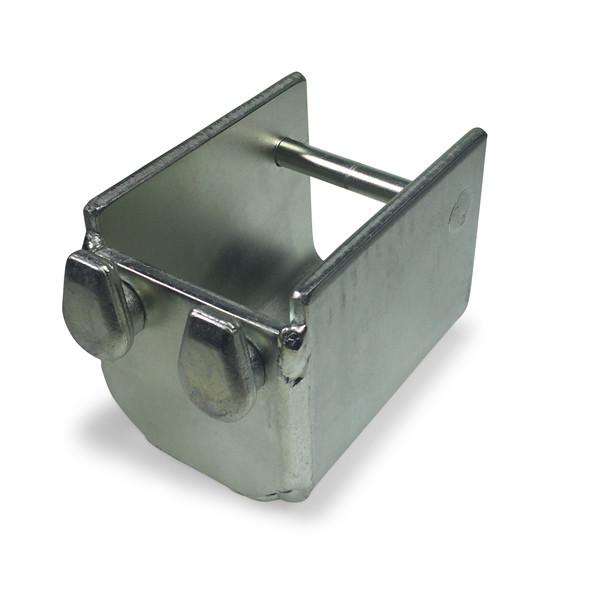 Load Bar Cup (Bar Type) made of welded metal, designed for 60 x 40mm bars, featuring a handle and forged location pins for secure load restraint.