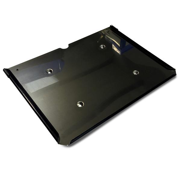 ADR Hazchem Plate Holder, black with perforations, designed to securely fit large commercial trailers, dimensions L405 x H305 x 0.8mm thick, stainless steel.