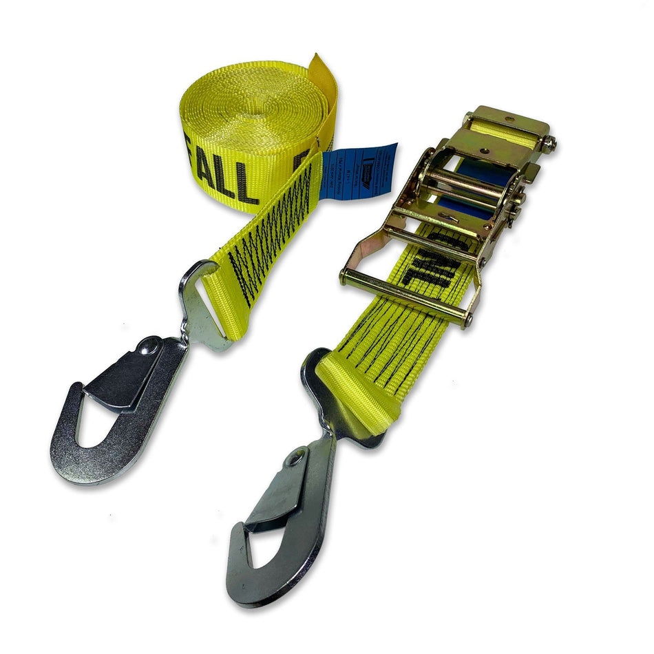 Fall Protection Ratchet Strap with Snap Hooks, 5 Metre Length, featuring yellow webbing with FALL PROTECTION ONLY text and secure metal snap hooks.