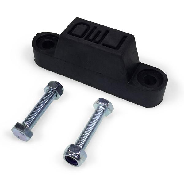 Rubber Bump Stop, Top Hat Buffer with two screws, featuring 5mm mounting holes and 85mm hole centers, designed for commercial vehicle trailer parts.