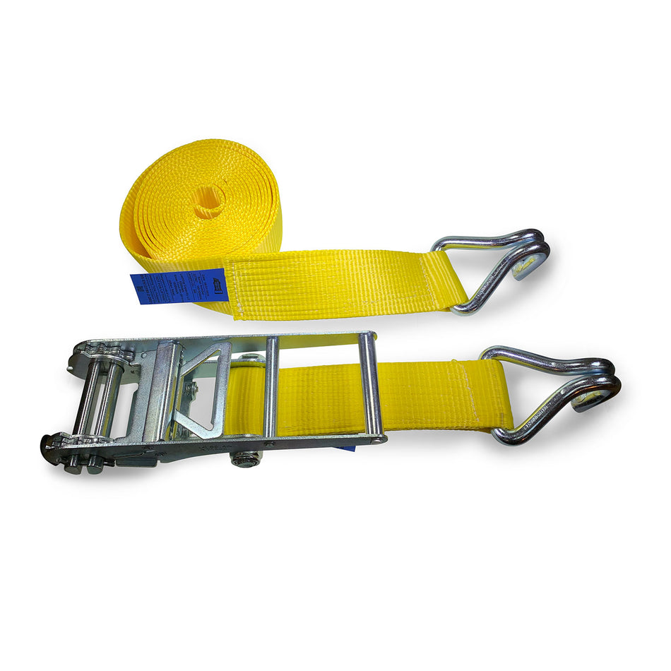 10,000kg Ratchet Strap with Claw Hooks, featuring a robust metal hook and tensioner, ideal for securing large industrial machinery.