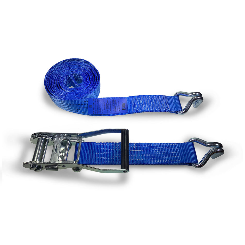 50mm 5000kg Ratchet Strap with Claw Hooks, featuring a metal buckle and hook, designed for load restraint with powerful tensioning capabilities, 4 metres in length.