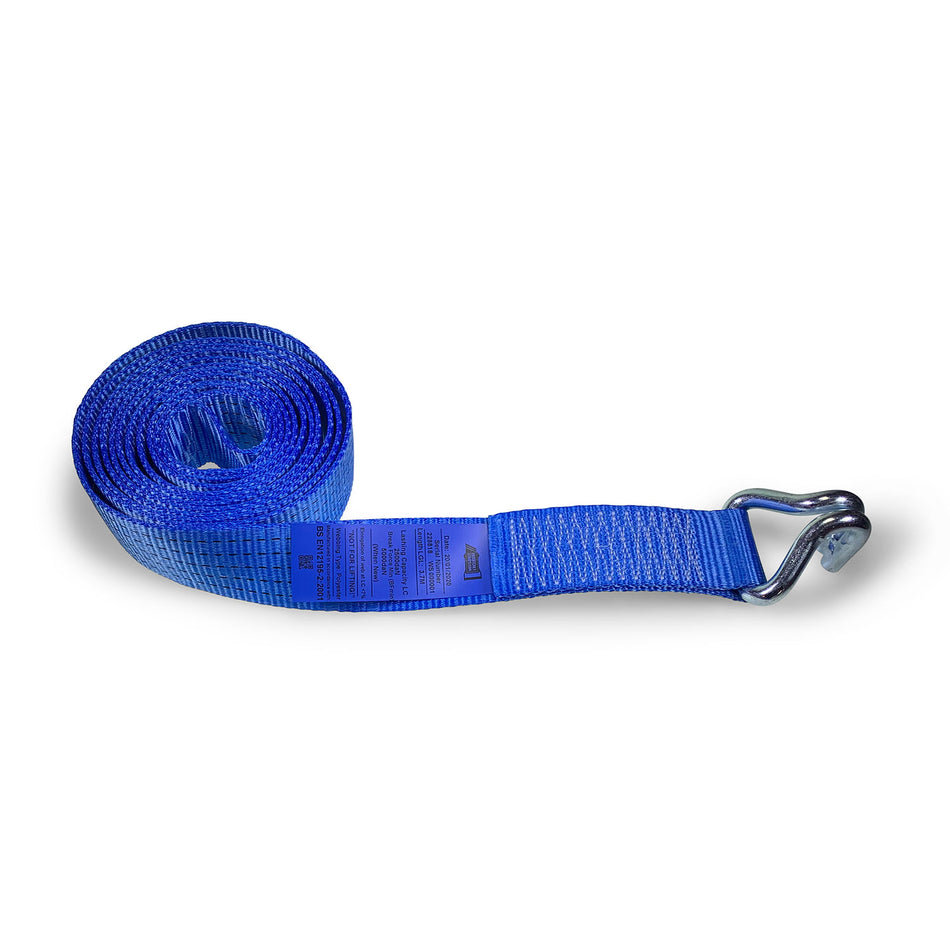 5000kg Webbing Strap with Claw Hook End; features durable blue webbing with black ID stripes, ideal for load restraint in commercial trailers.