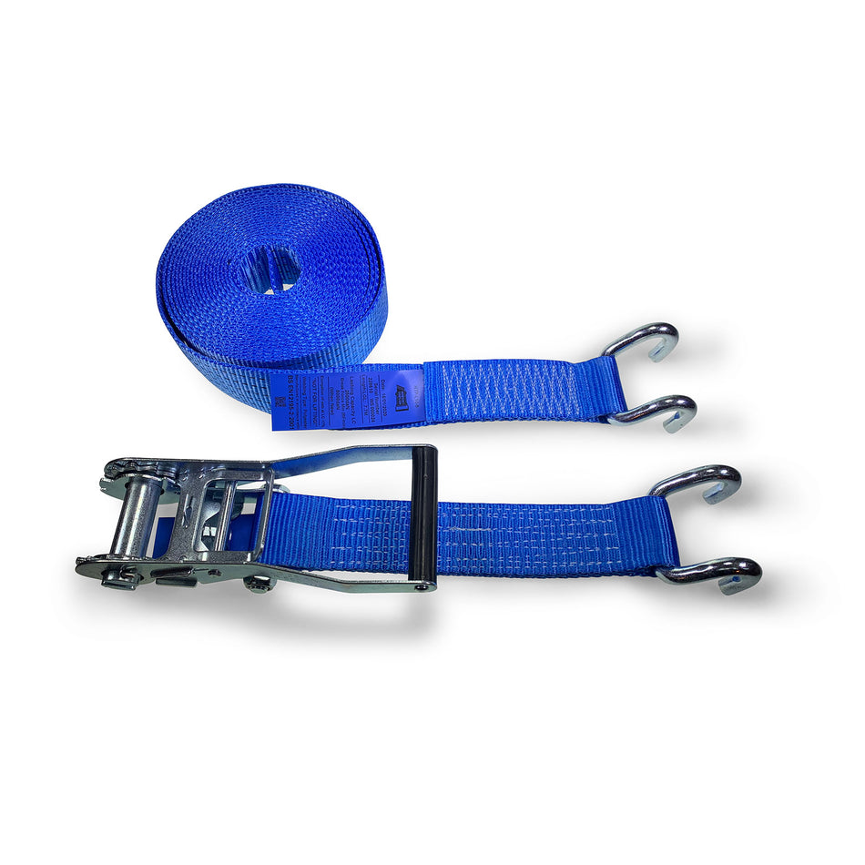 50mm 5000kg Ratchet Strap with Chassis Hooks, featuring a metal buckle, hooks, and durable webbing for secure load restraint, 6 metres long.