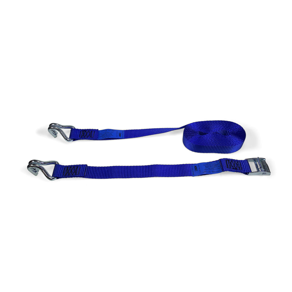 Blue 25mm wide Cambuckle strap with claw hook ends, 5m length, made of polyester webbing with aluminium buckle, designed for secure load restraint.