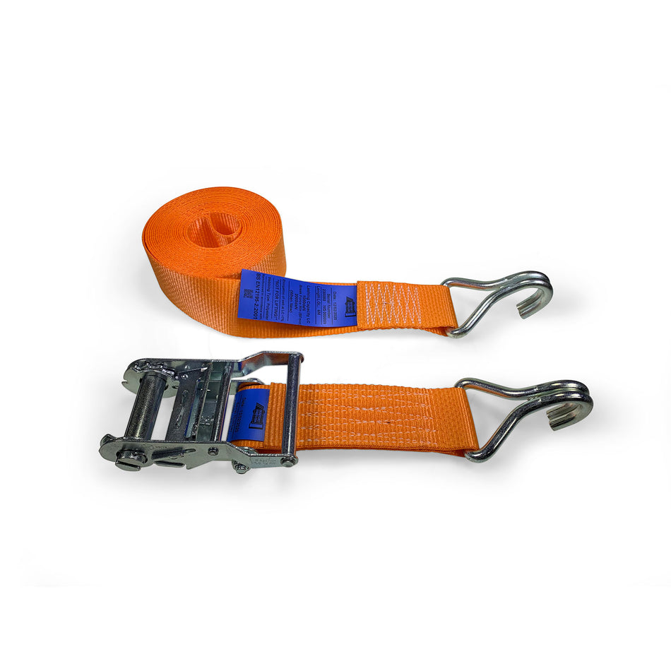 50mm wide, 6m ratchet strap with claw hook ends, featuring a powerful tensioner and orange polyester webbing, ideal for heavy-duty load restraint.