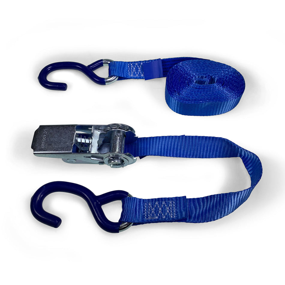 25mm wide ratchet strap with S hook ends, 5m length, 800kg breaking force, featuring black epoxy-coated hooks and powerful ratchet tensioner for secure load restraint.