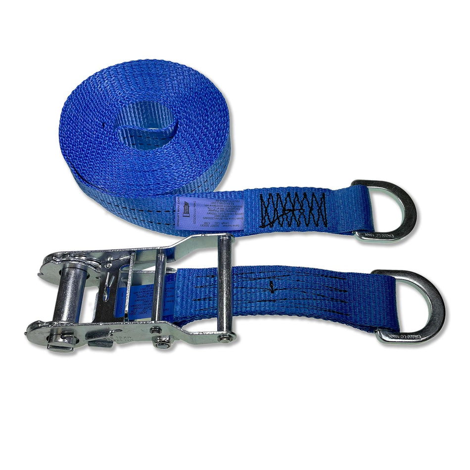 35mm wide, 6m max length ratchet strap with metal buckle and delta ring ends, designed for high-strength load restraint on commercial trailers.