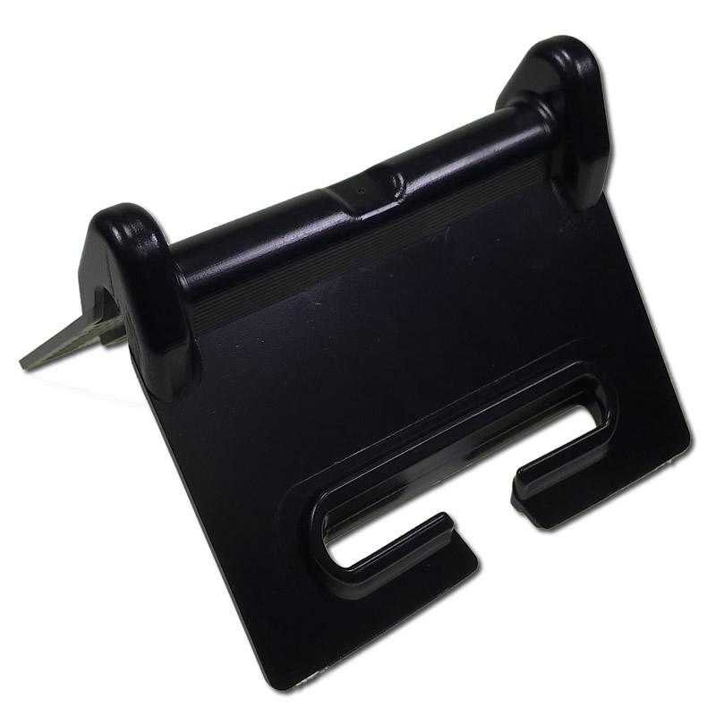 Plastic Corner Protectors with a black plastic clip and metal handle, suitable for 50mm and 75mm wide webbing, ideal for securing trailer loads.