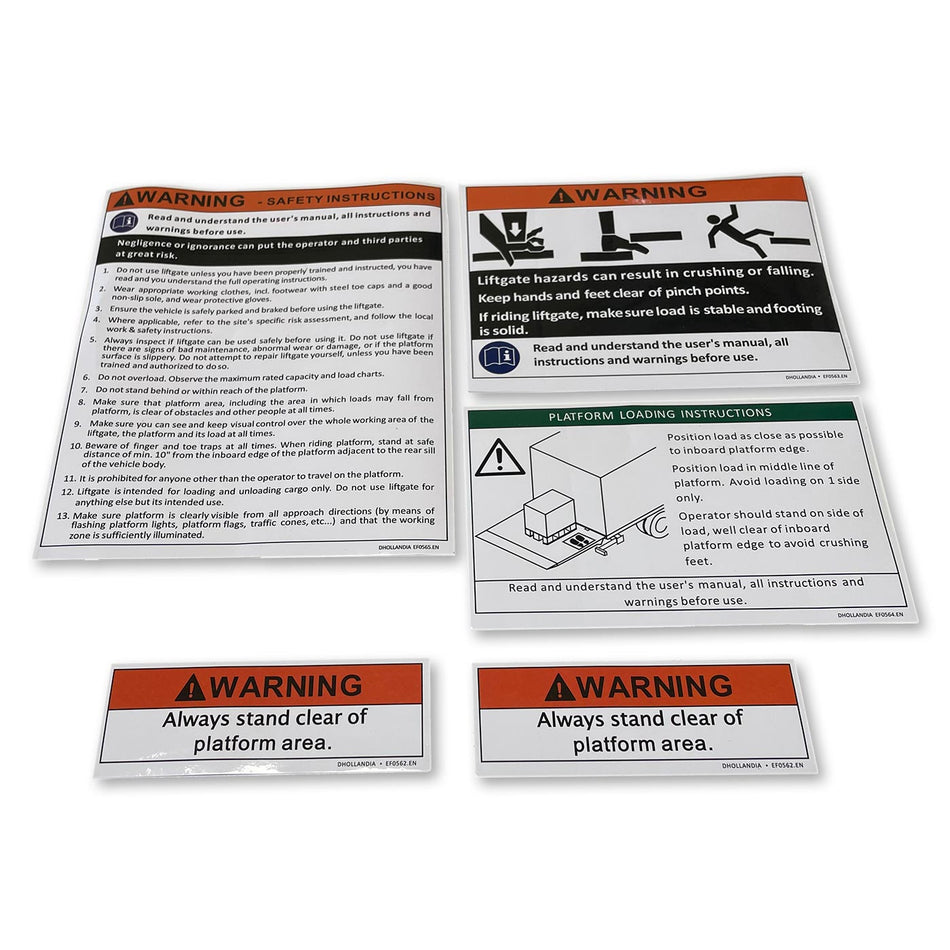 Tail Lift Platform Warning Sticker Set featuring various warning signs and instruction labels for Dhollandia tail lifts, suitable for large commercial trailers.