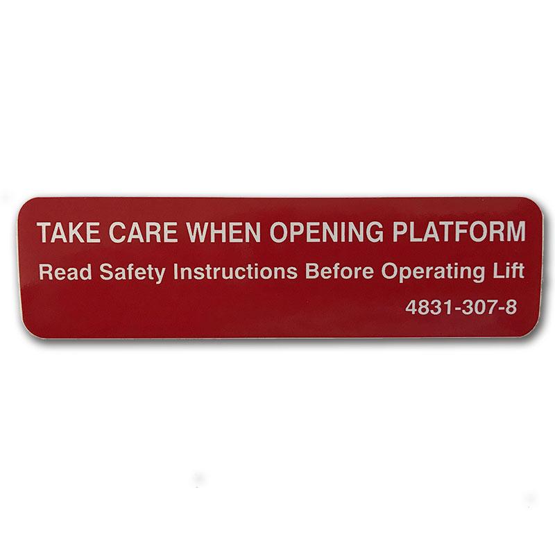 Platform Opening Sticker for Ratcliff Palfinger Tail Lifts, featuring a red sign with prominent white text, designed for commercial trailer applications.