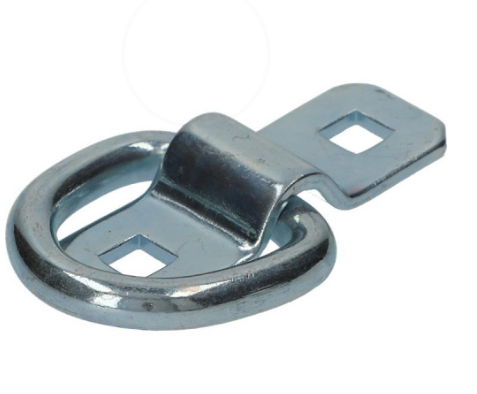 LR2 Lashing Ring with Cleat, metal hardware for trailers, 2.5 tonne break force, silver zinc-plated finish, featuring a bolt/weld on cleat for secure load restraint.