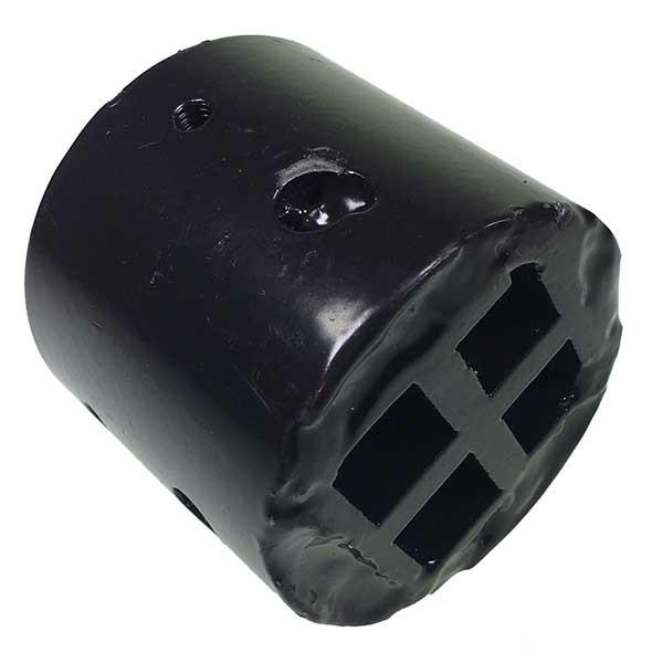 Fixed Torsion Block, a black cylindrical object with holes, designed for 2 x 19/32 & 2 x 17/32 bars, used in commercial trailers.