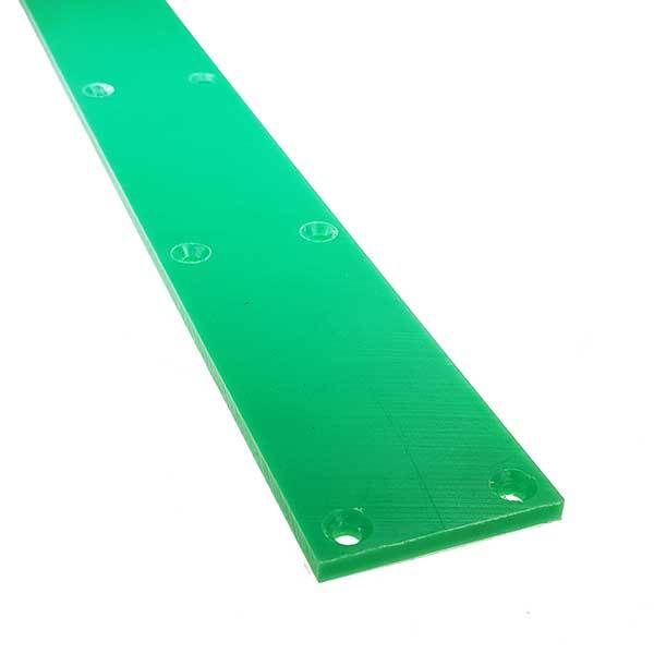 Guide synthetic VOC 658x60: green plastic strip with holes, designed as a rear wear pad for 1.5t Dhollandia column lifts.