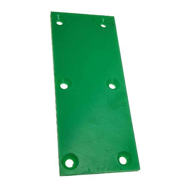 Guide Synthetic 150x60x6 wear pad with six holes, designed for Dhollandia runners, visible as a green rectangular object with precise hole placement.