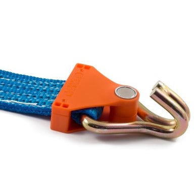 Ratchet Strap Magnetic Application Aid showing a blue strap with a metal hook, designed to prevent detachment and save time during lorry loading.