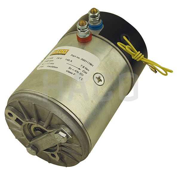 Motor 2.0kW 24V closed F CW HACO, round metal cylinder with yellow wire, fits Dhollandia MP025 and Zepro 21242, right rotation and female connection.