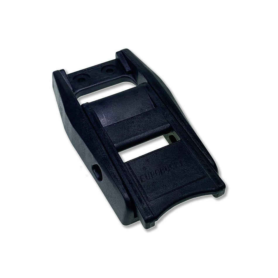 Euro Buckle for curtain sider vehicles, featuring a black plastic design with strategic holes, essential for load restraint on commercial trailers.