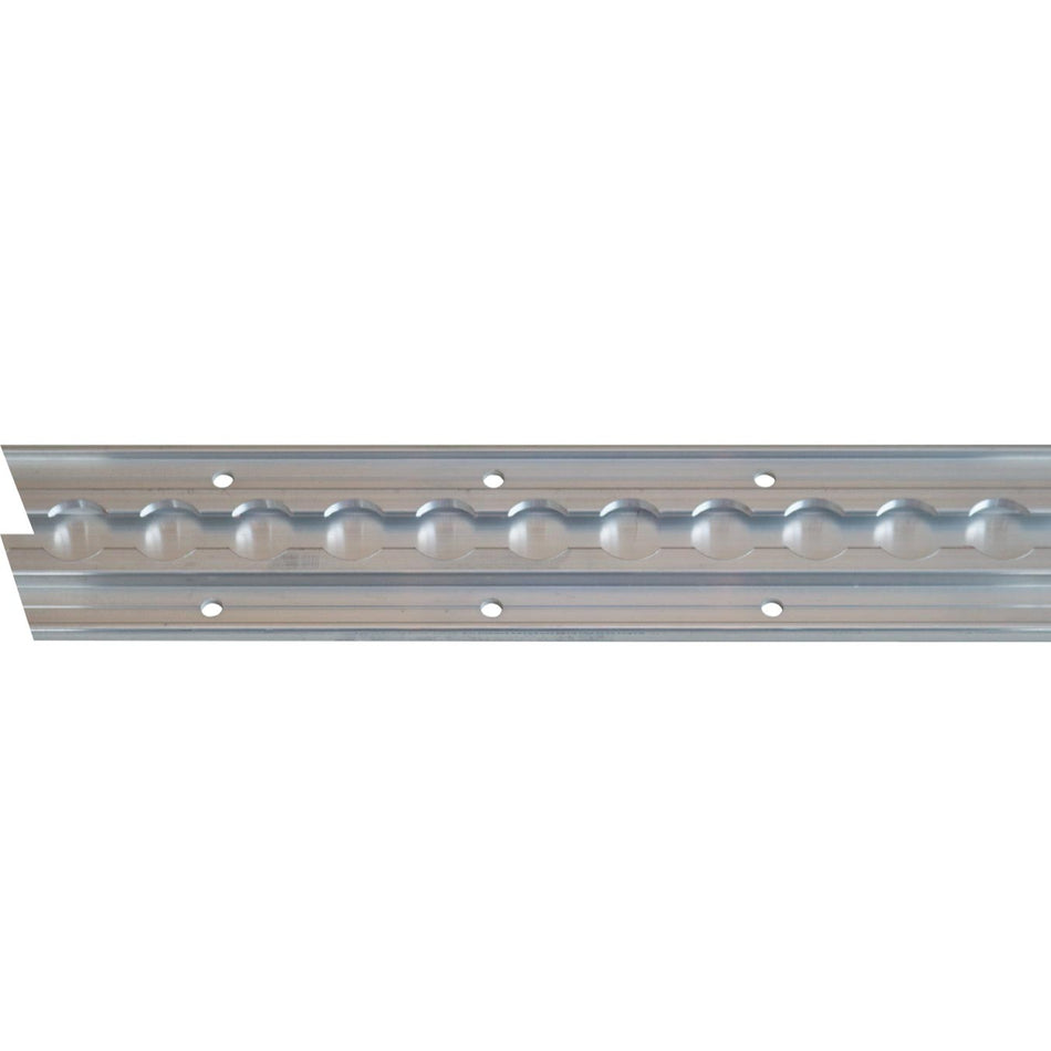 Aluminium Captive Track for commercial vehicles, shown in close-up, highlighting its metal strip design, suitable for Double and Single Stud fittings, dimensions visible.