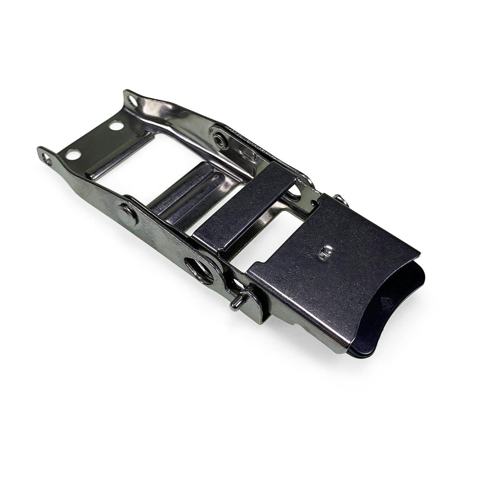 Stainless Steel Push Up Buckle featuring a metal clip with holes and a black handle, ideal for commercial trailer load restraint.