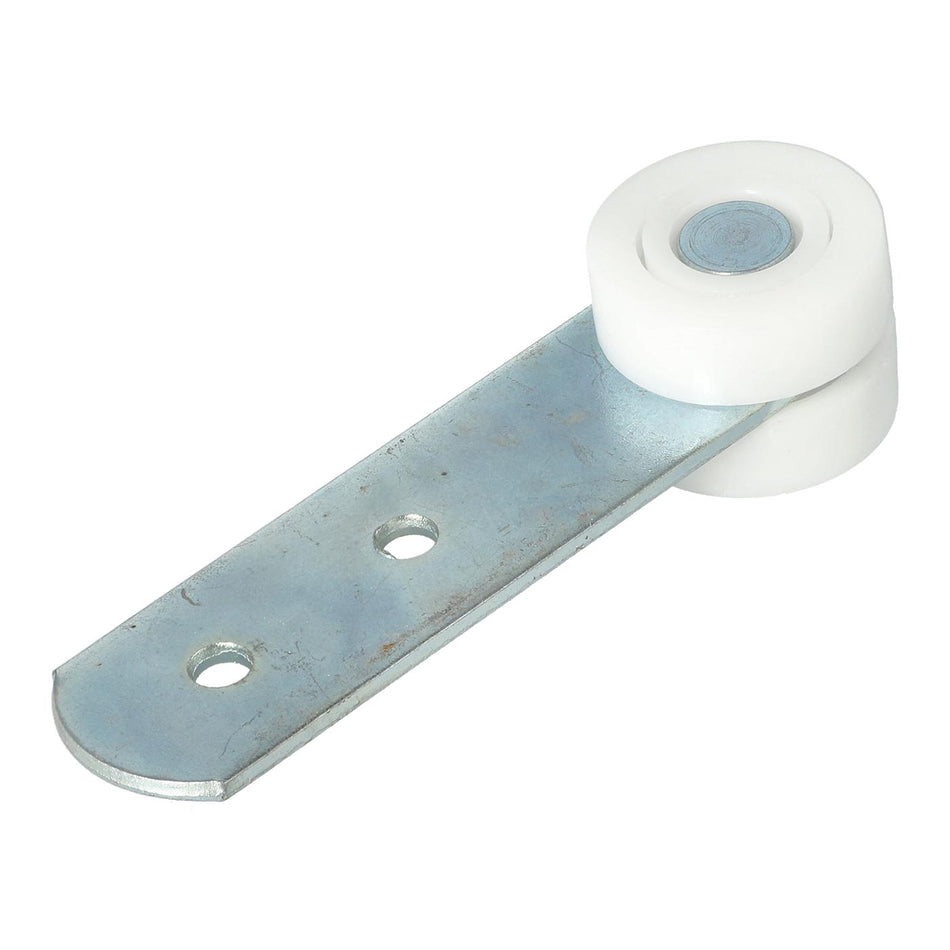 35mm Curtain Roller featuring a metal plate with a white plastic bearing, ideal for commercial trailer applications with stainless steel ball bearings for durability.