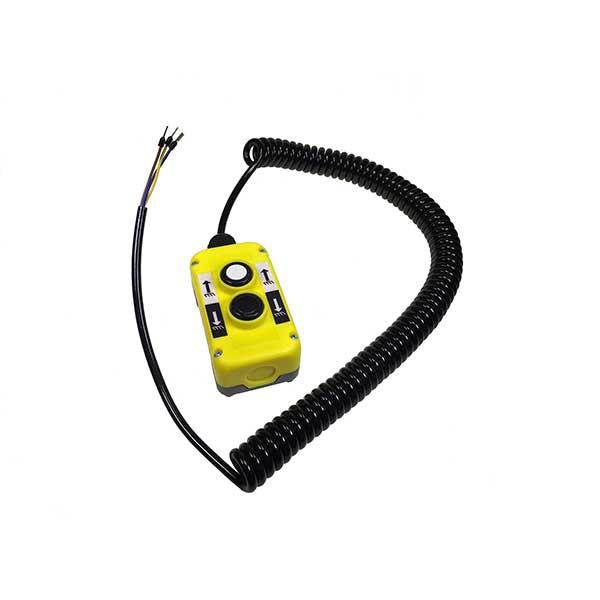 Mafelec Style RUL Wanderlead Assy with coiled black cord, featuring a durable yellow remote control with buttons for RUL series lifts.