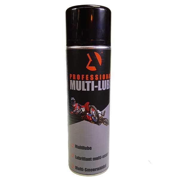 Multilube Penetrating Spray 500ML can with black cap, ideal for freeing seized parts and protecting against corrosion, featured with a logo and motorcycle imagery.