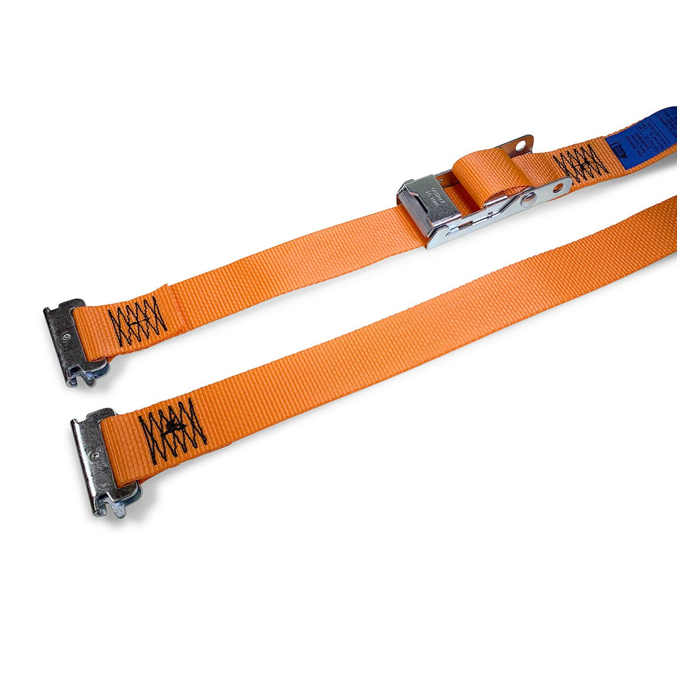 Box Van Strap with E-Track Fittings featuring an overcentre locking buckle and metal clasp, designed for secure load restraint on commercial trailers, 2000kg capacity.