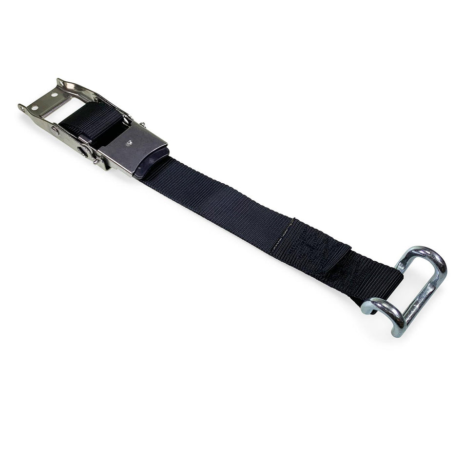 Push Up Buckle Assembly with Black Strap featuring a metal buckle and loop, designed for secure load restraint on commercial trailers.