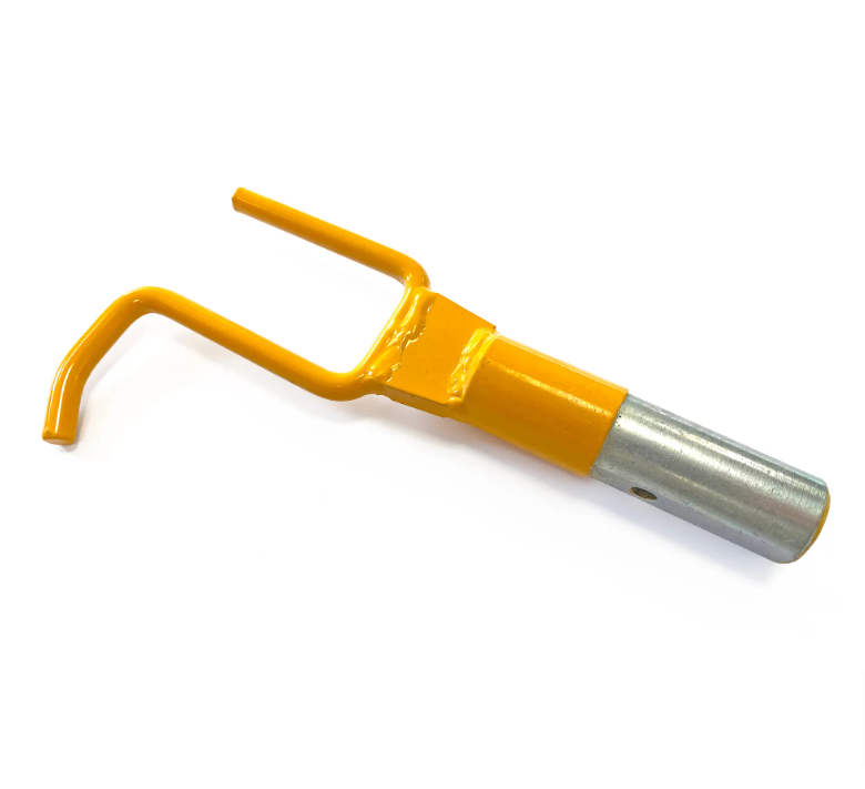 Mounty Boardmount tool for lifting load protection boards, featuring a yellow metal fork attachment for secure handling with cranes.