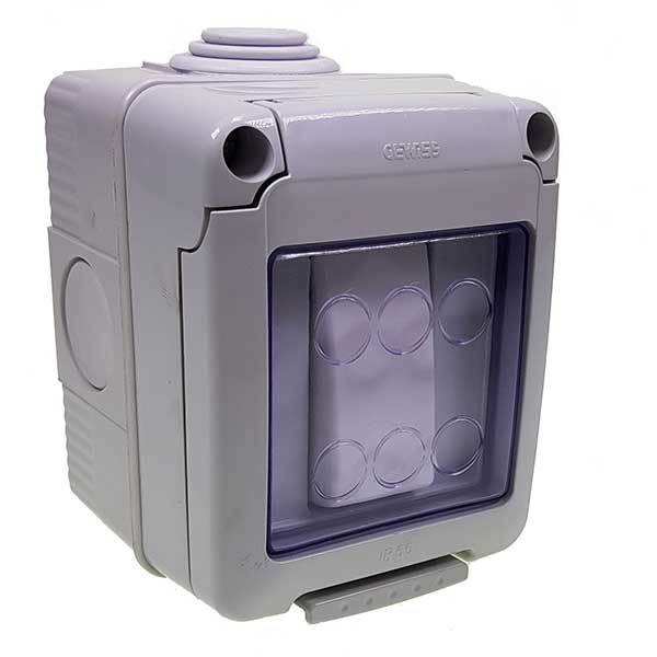 Single Gang Waterproof Light Switch with a hinged transparent cover, featuring multiple cable entry points, ideal for commercial trailers and vehicles.