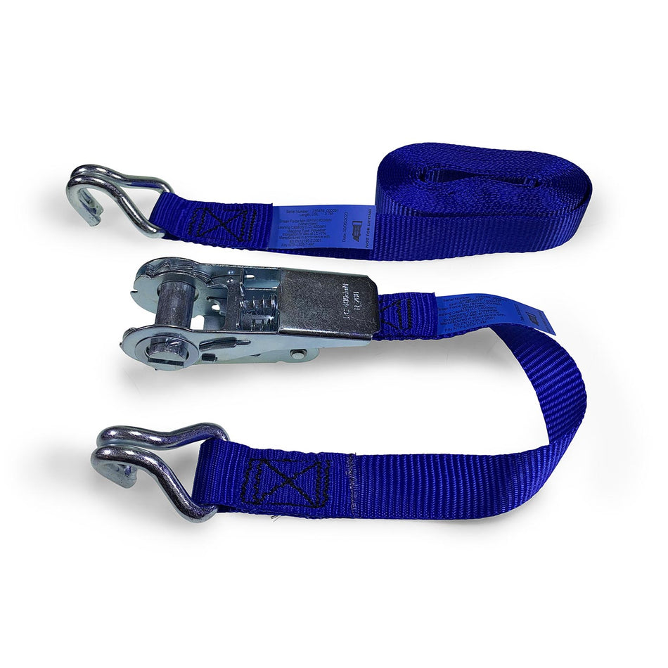 25mm Wide, 800kg Ratchet Strap with Claw Hook Ends featuring a paddle handle ratchet and 6 metre blue polyester webbing for secure load restraint.