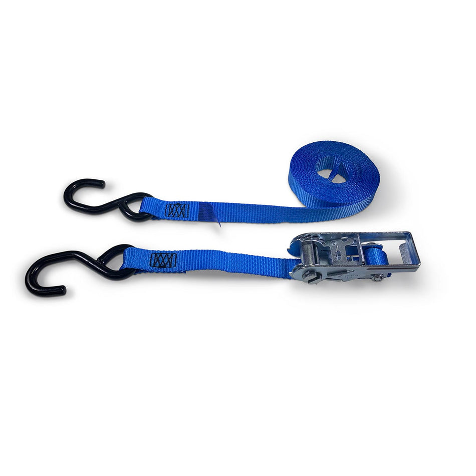 25mm Wide, 1500kg 5m Max Length Ratchet Straps with 'S' Hook Ends, featuring durable blue webbing and a powerful ratchet tensioner.