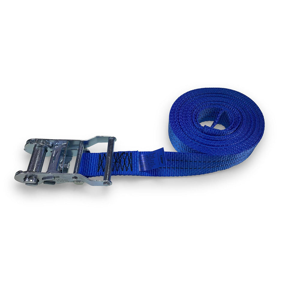 35mm wide, 6m ratchet strap with metal buckle, featuring low elongation polyester webbing and powerful tensioner for secure load restraint.