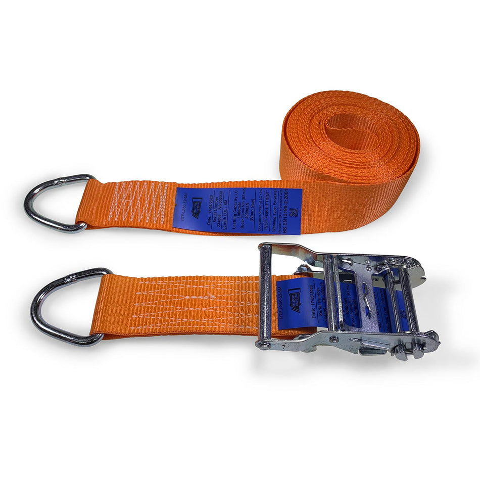 50mm wide, 6m ratchet strap with delta ring ends, featuring orange polyester webbing and a metal buckle for secure load restraint.