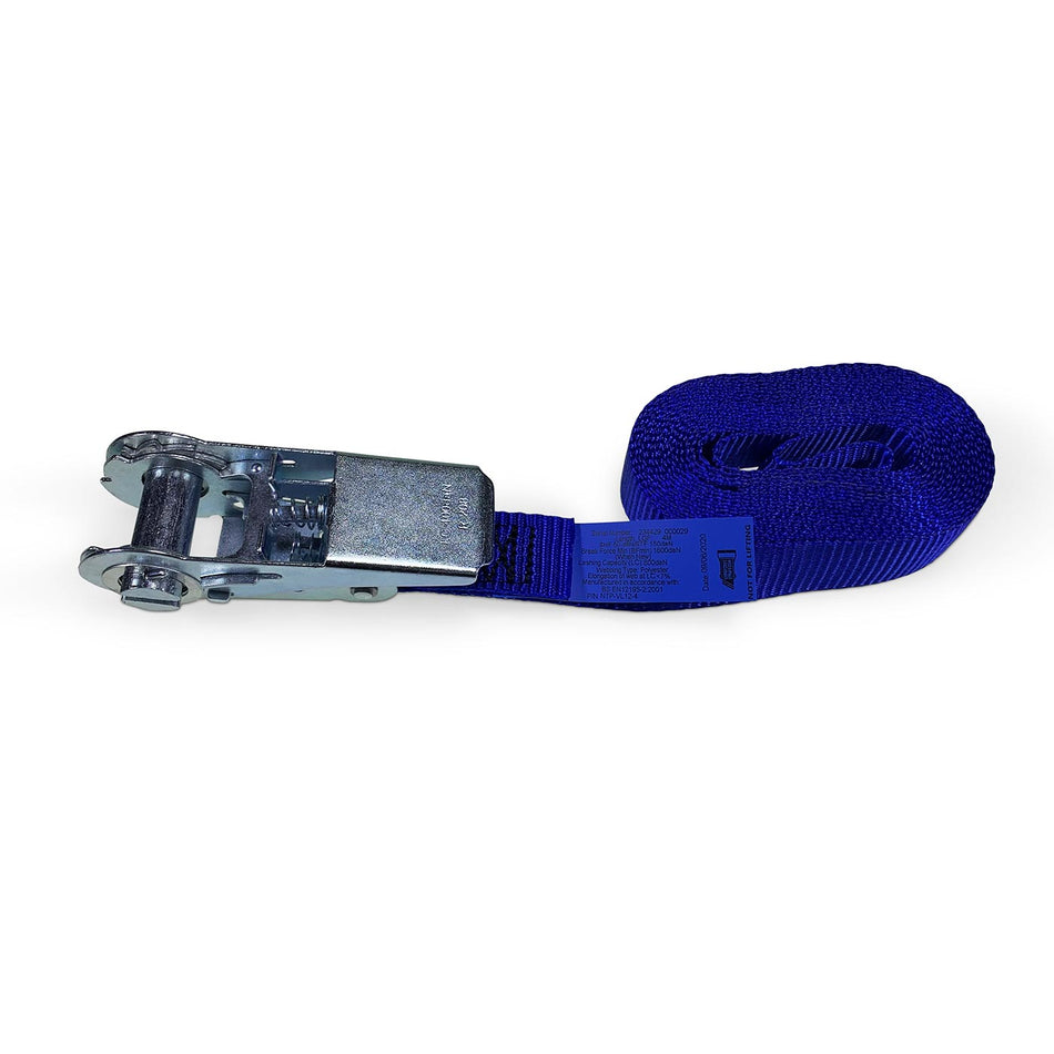 25mm Wide, 800kg Endless Ratchet Strap with metal clasp, featuring a short handle paddle ratchet and 4-metre high tenacity polyester webbing.