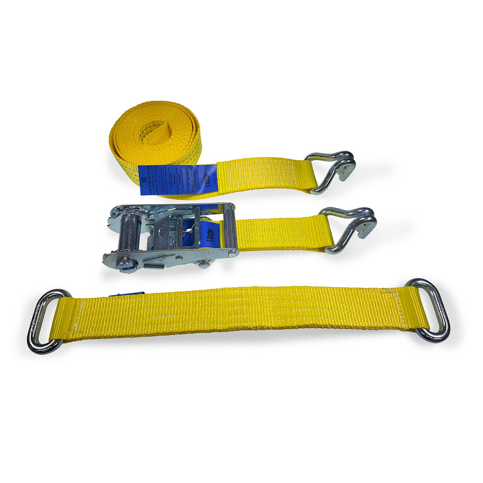 Car Transporter Wheel Straps with Claw Hook and Steel Eye Diverter, featuring a heavy-duty ratchet buckle for secure vehicle transport and recovery.