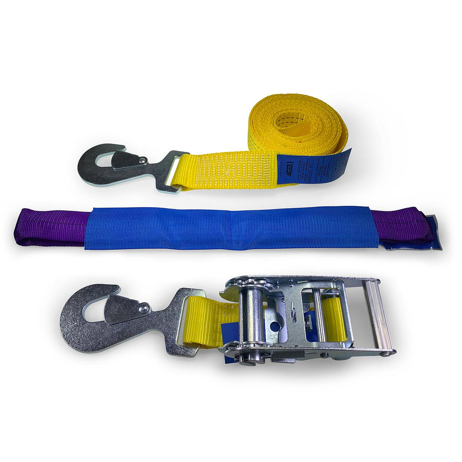 Car Transporter Wheel Straps featuring snap hooks and a soft eye diverter, designed for single vehicle transport and recovery with a heavy-duty locking ratchet.