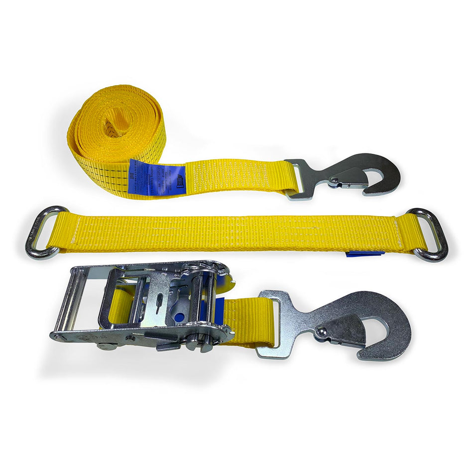 Car Transporter Wheel Straps with snaphooks and steel eye diverter, featuring a heavy-duty ratchet buckle for single vehicle transport and recovery.