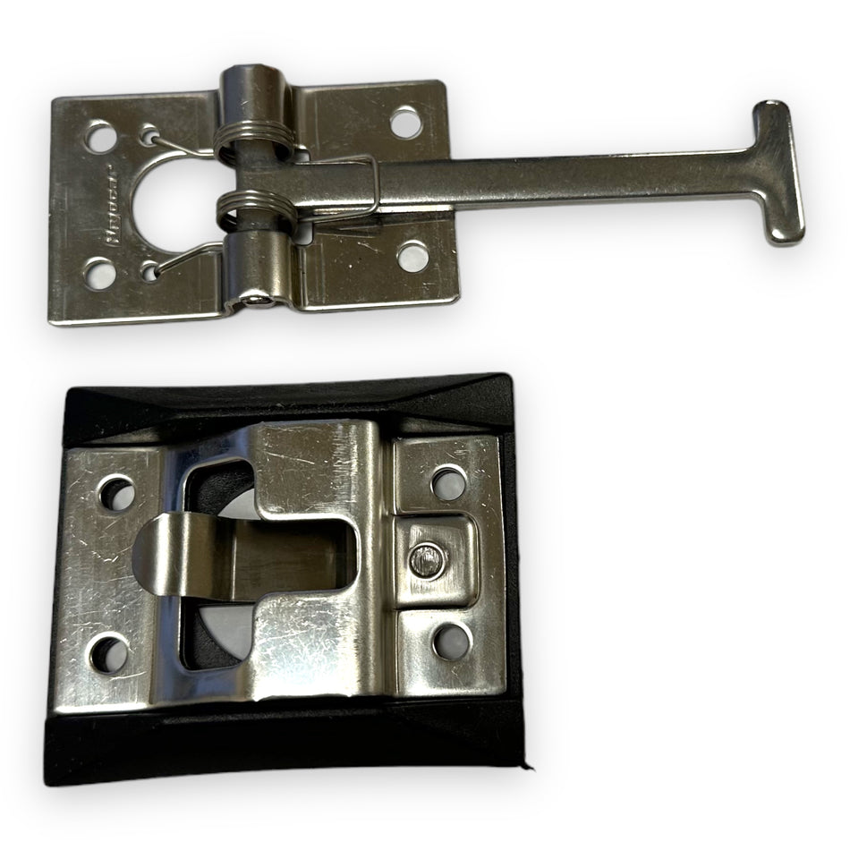 Stainless Steel Door Retainer Set featuring a metal latch with spring bridge T piece and plastic back plate, ideal for commercial trailers.